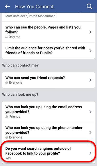 Do you want search engines outside of Facebook to link to your profile Mobile