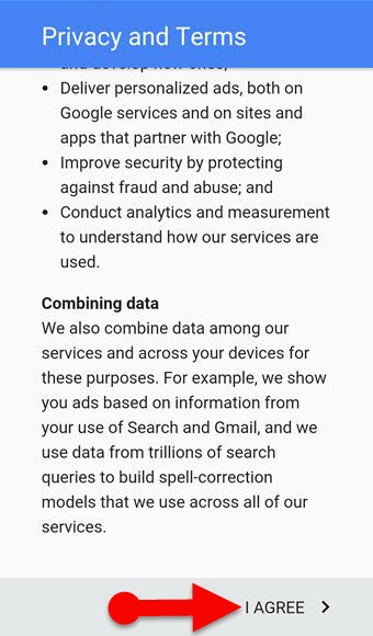 Privacy and terms of Google for Gmail in mobile