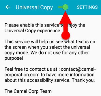 Android accessibility settings Universal Copy App