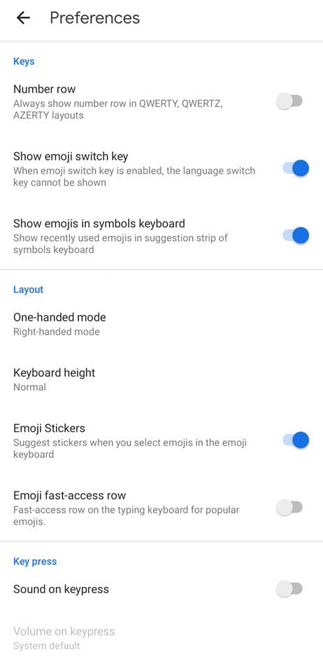 Gboard preferences