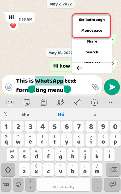 WhatsApp formatting options