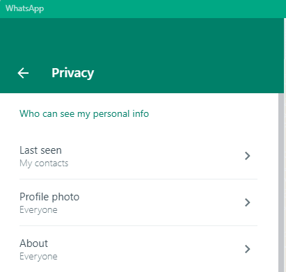 Privacy Settings For The Profile Photo in WhatsApp For PC