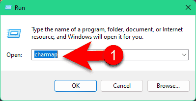 Run command to open character map in Windows OS