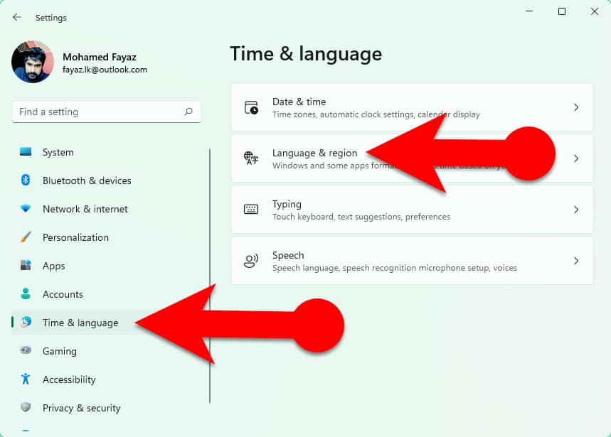 Windows 11 Time and language settings