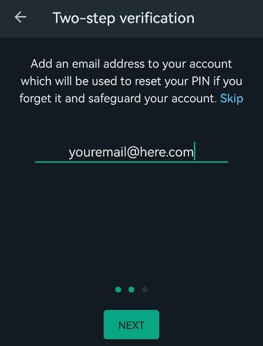 Add your email address during WhatsApp Two-step verification process