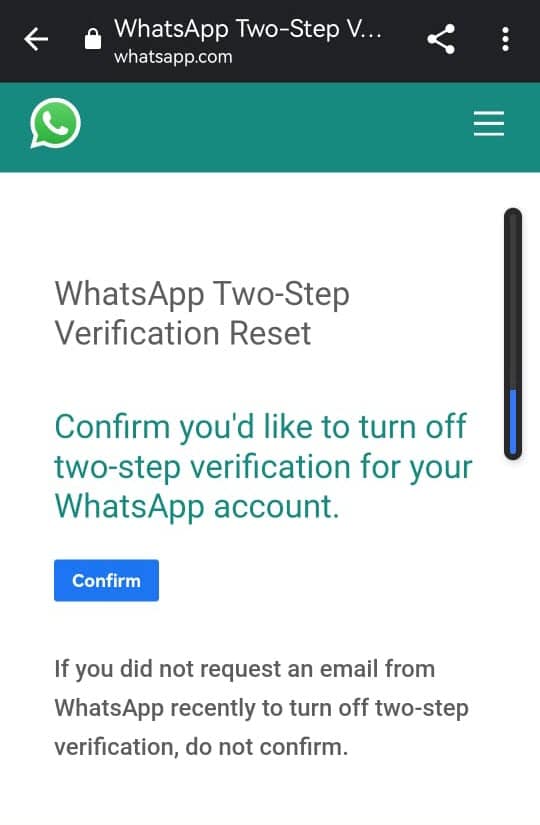 Reset WhatsApp two factor authentication via link