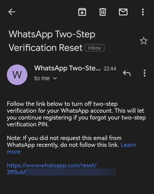 WhatsApp two factor authentication reset link