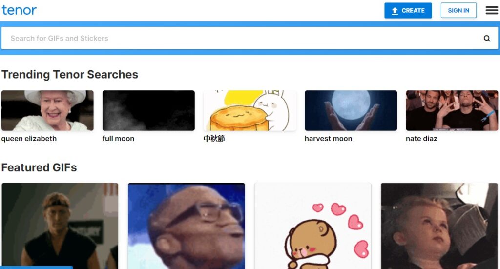 tenor GIF sharing Site's homepage