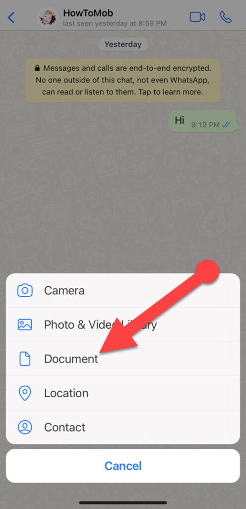 Attach documents on WhatsApp iPhone