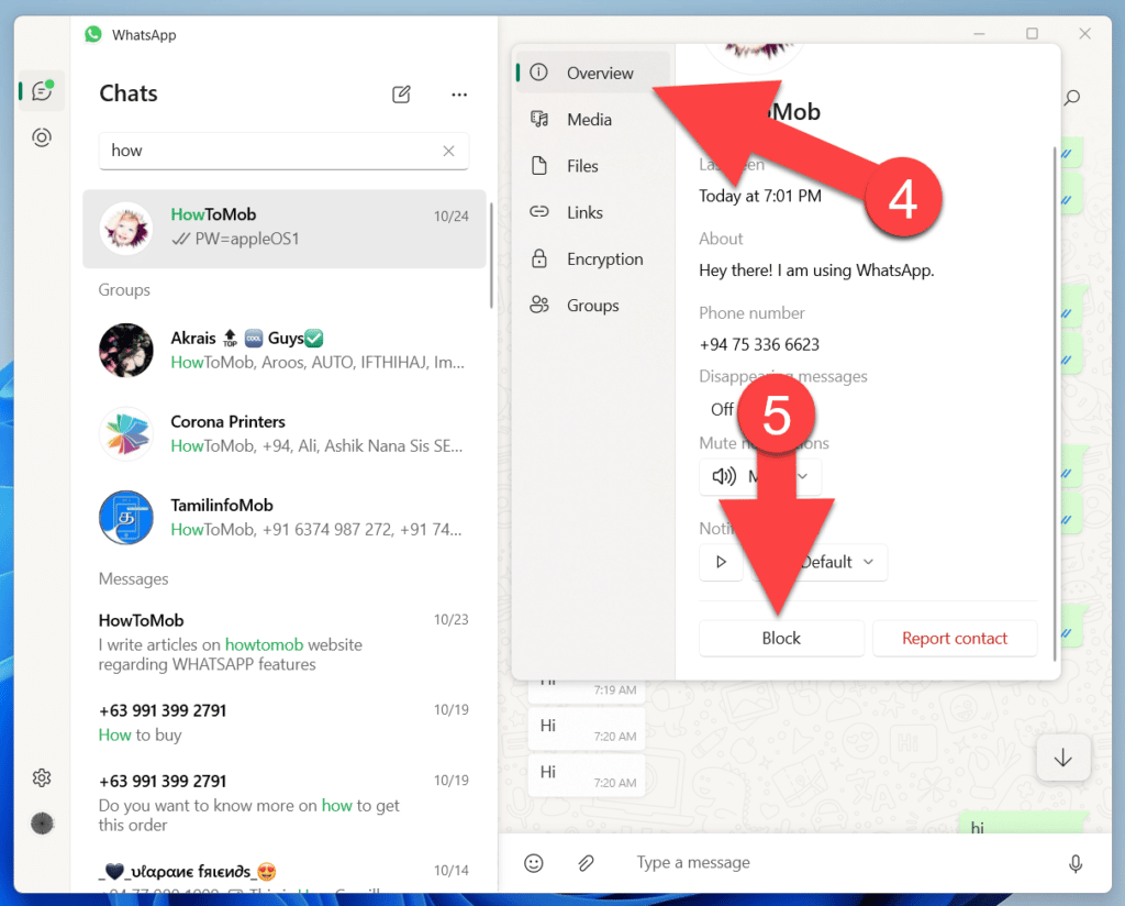 Block someone on WhatsApp on Desktop app