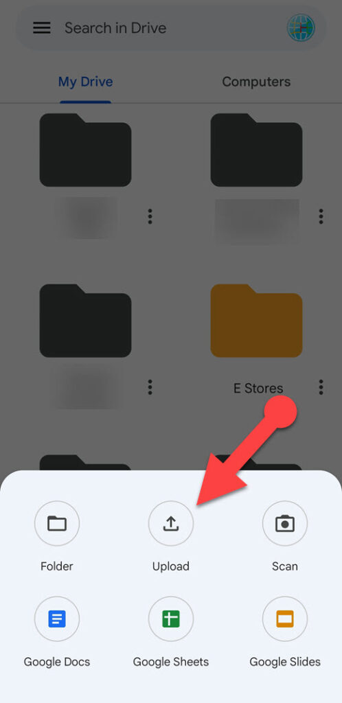 File upload button on google drive Android