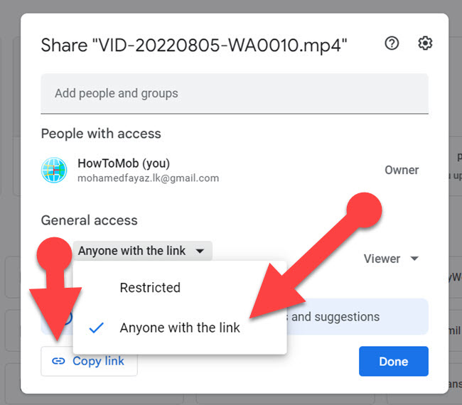 Google Drive link sharing options