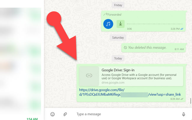 Send google drive file link via WhatsApp