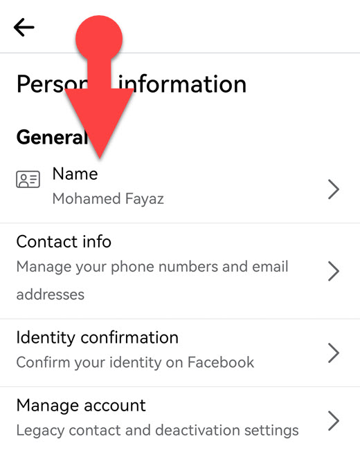 Facebook Name Settings on Android App