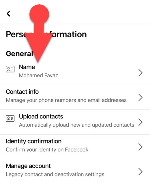 Facebook Name settings on iPhone