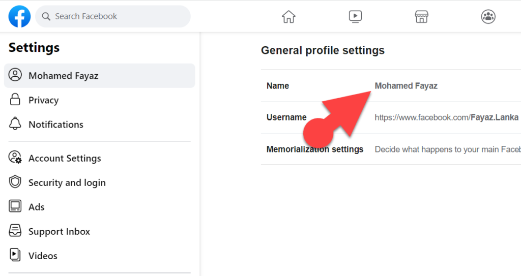 Facebook general profile settings on a desktop PC