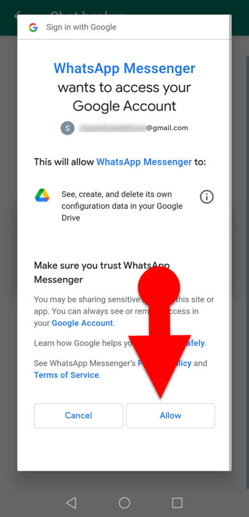Give WhatsApp permission to google drive