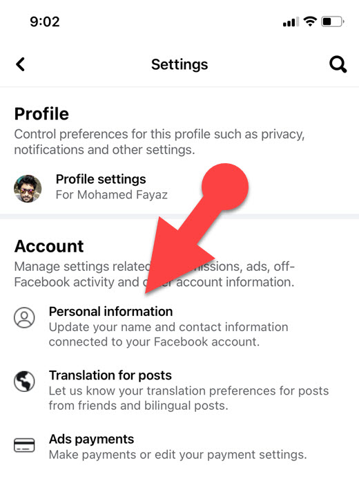Personal information settings on Facebook iPhone app