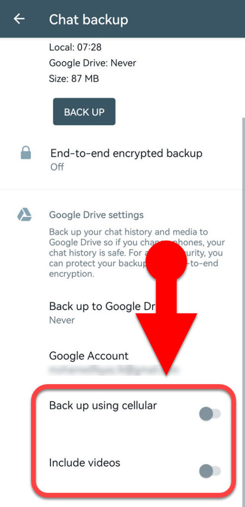 exclude videos from WhatsApp chats backup