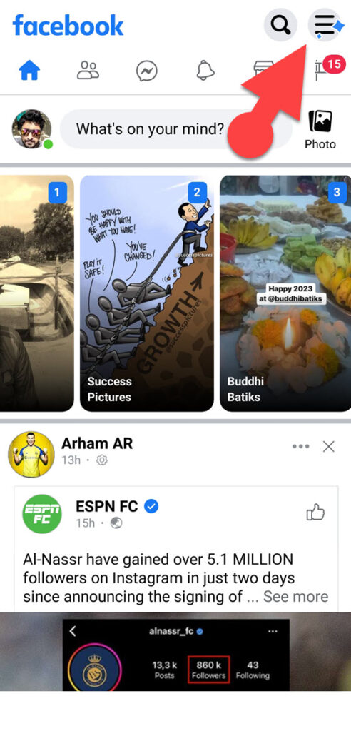 Facebook Lite hamburger menu