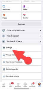 Facebook account settings on iPhone app