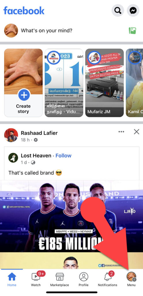 Facebook menu on iPhone