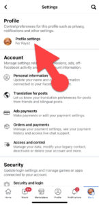 Facebook profile settings on iPhone