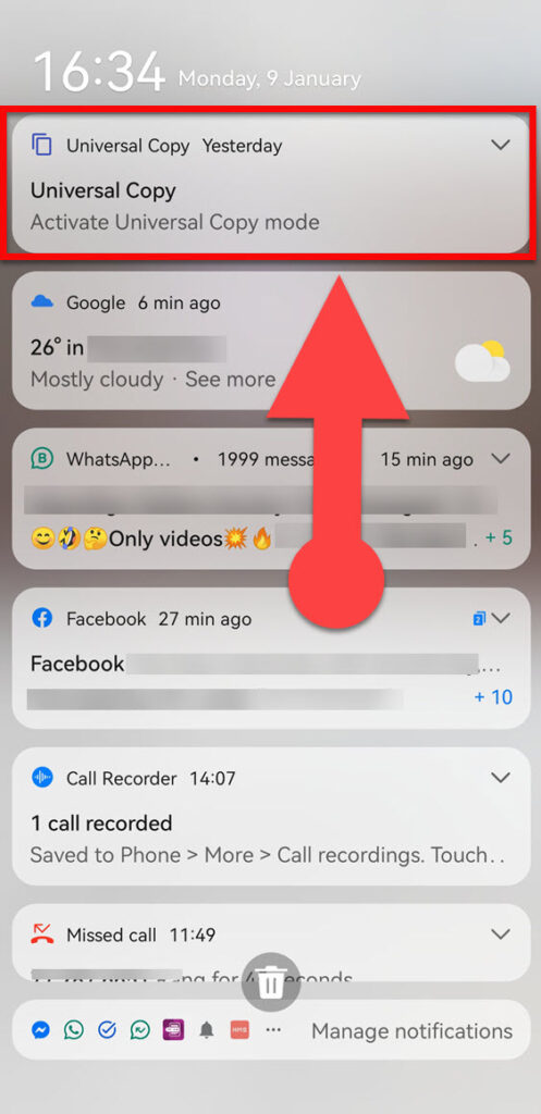 Universal Copy shortcut in the notification panel