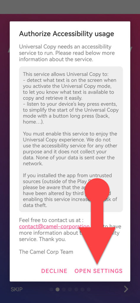 give the Universal Copy app permission to use accessibility features.