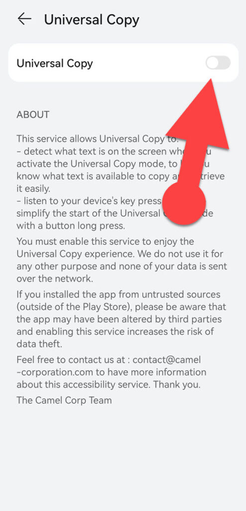 grant the Universal Copy app permission to use accessibility on Android